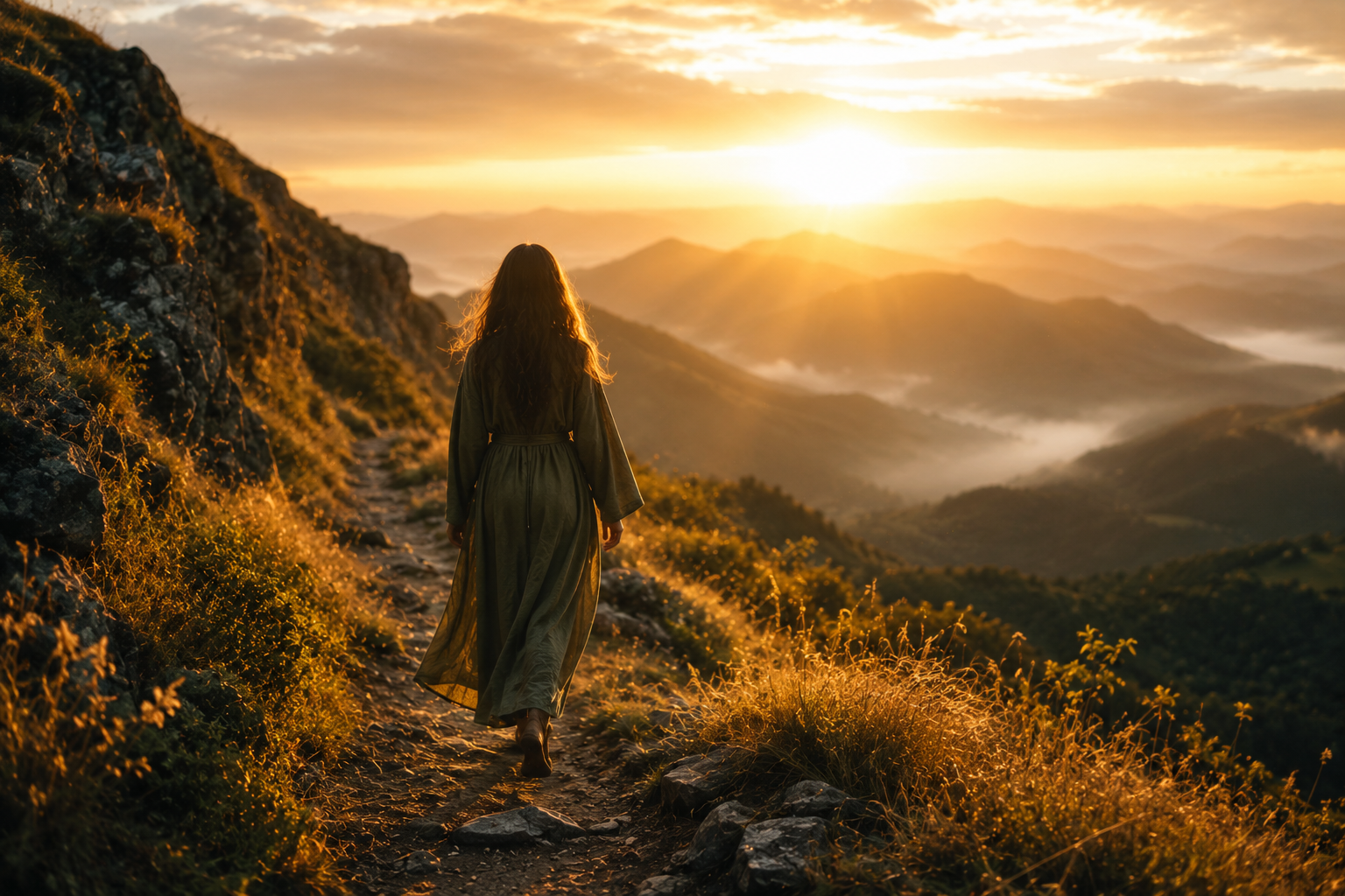 Mujer caminando hacia su propósito al amanecer