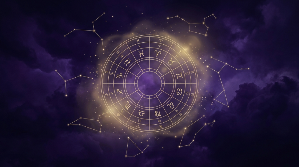 Cielo nocturno con constelaciones doradas y rueda de carta astral en oro sobre fondo morado