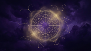 Cielo nocturno con constelaciones doradas y rueda de carta astral en oro sobre fondo morado