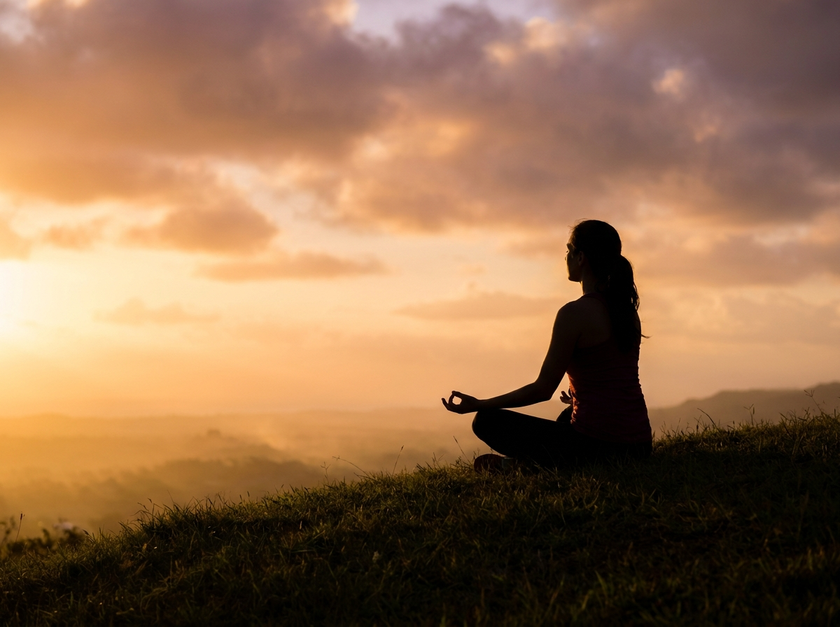 Silueta de una mujer meditando al atardecer, calma y reconexión con el alma