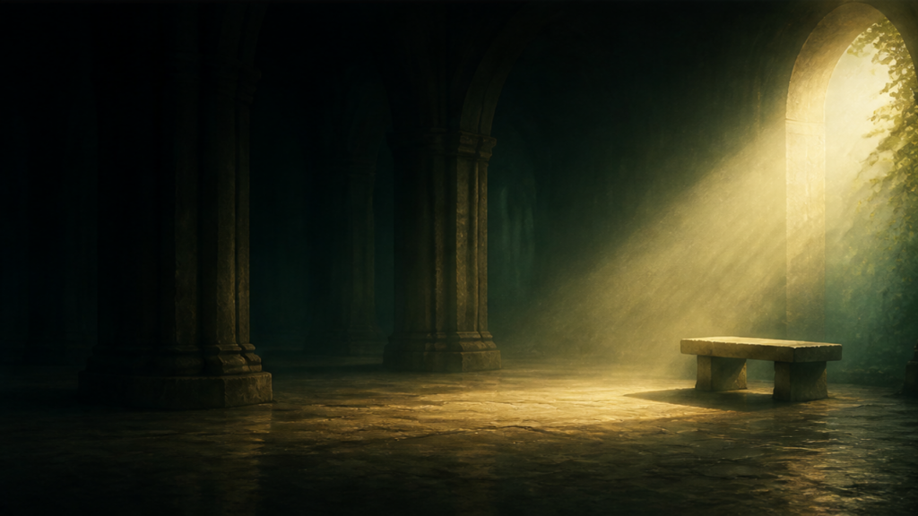 Un banco vacío bajo un haz de luz dorada en un espacio oscuro y sereno, símbolo del silencio de Dios