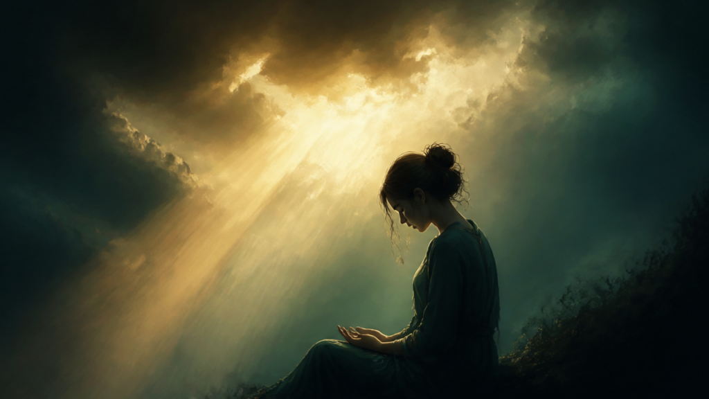 Silueta de una mujer en actitud de oración bajo un rayo de luz dorada, símbolo de hablar con Dios estando enfadada