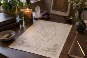 Qué es la Cábala: lámina del Árbol de la Vida con las sefirot sobre un escritorio con vela y cristales