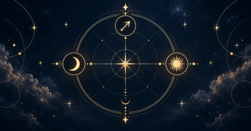 Carta astral con sol, luna y ascendente en cielo estrellado