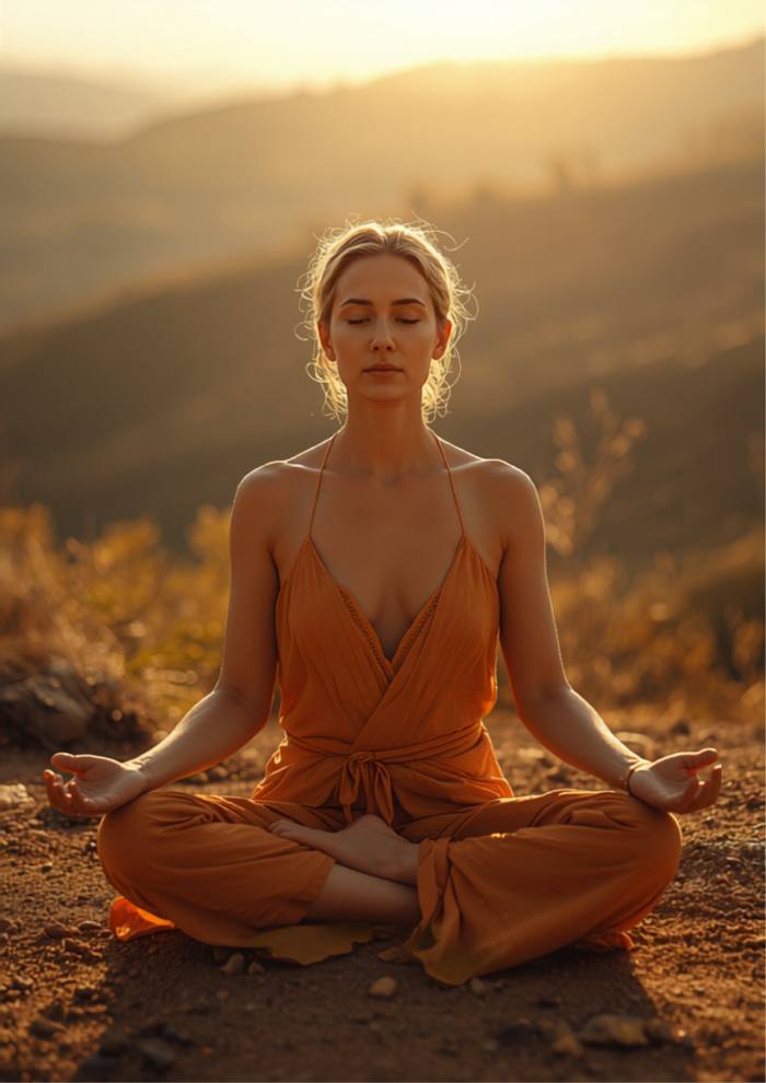 Mujer meditando al atardecer